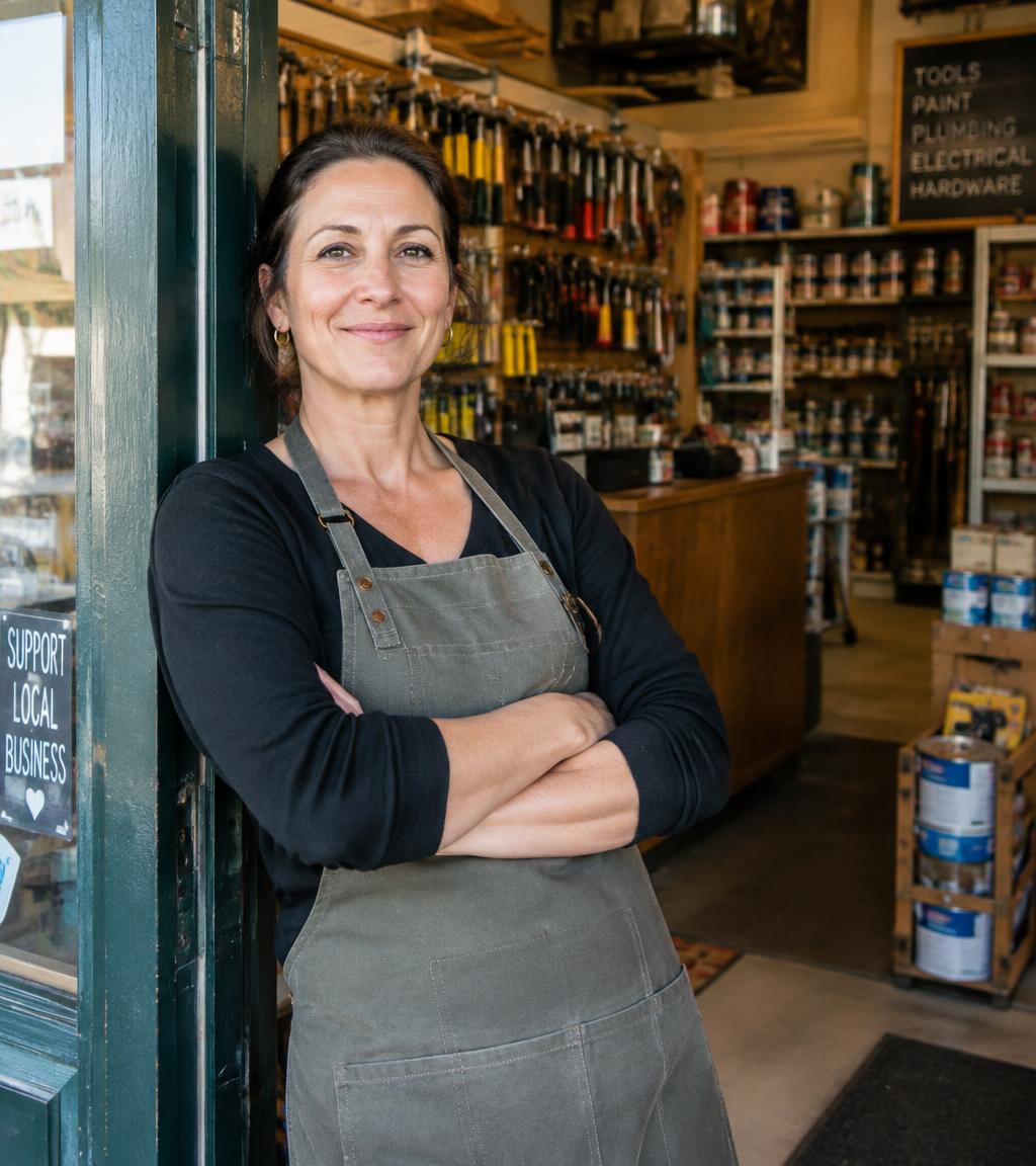 Small business owner standing in the doorway of her shop