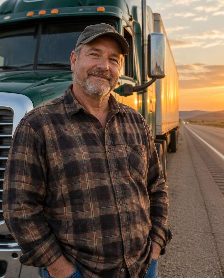 A truck driver standing beside his forest-green semi truck
