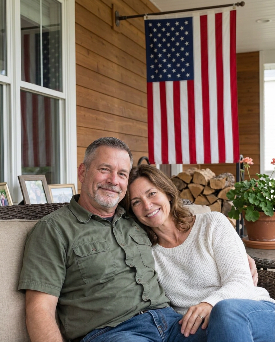 A veteran and his wife on their porch with a prominently displayed American flag